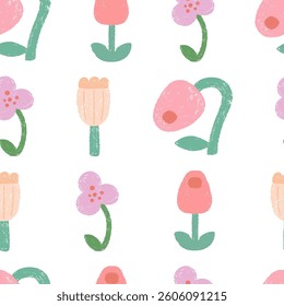 Abstract bold flowers drawn with chalk, spring seamless pattern
