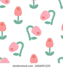 Abstract bold flowers drawn with chalk, spring seamless pattern
