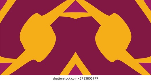 Um design geométrico abstrato e arrojado apresentando grandes formas curvilíneas amarelas simétricas contra um fundo marrom e magenta profundo.