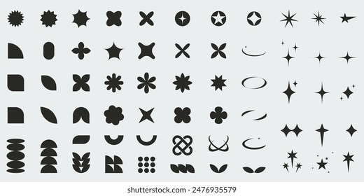 Abstract bold geometric shapes collection. Various graphic elements. Isolated Vector figures, Y2k retro futuristic aesthetic