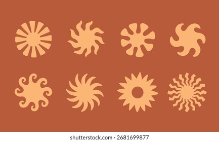 Abstract bold groovy sun, sunset icon, symbol, logo. Flat boho designs. Cute minimalist rays, suns vector illustrations.