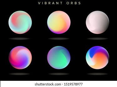 Abstract bold holographic orbs, neon vibrant spheres on dark background. Vector design elements collection.