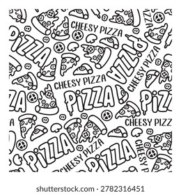 Abstract Bold Junk Food Pizza Line Art Seamless. Perfect for fast food branding, restaurant packaging, kitchen decor, textile, wallpaper, wrapping paper, and food-themed designs.
