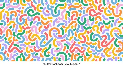 Abstract bold line doodle shape seamless pattern. Creative abstract style art symbol for kids or party celebration with geometric shapes. Pastel upbeat childish drawing scribble decoration pattern.