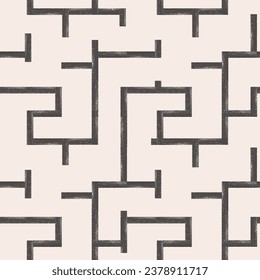 Abstract bold line labyrinth seamless pattern. Monochrome maze lines ornament. Brush strokes vector background.