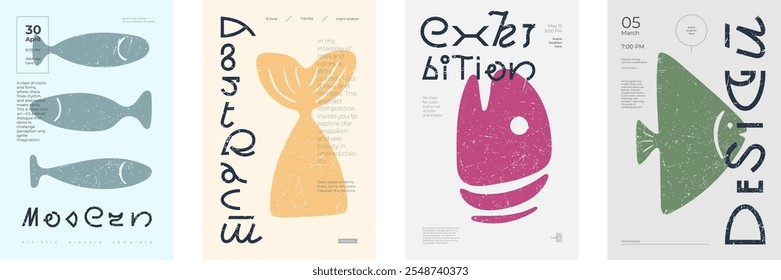 Abstractas Plantillas de póster audaces. Formas de pescado simples y tipografía moderna creativa. Estructura brutalista, estética minimalista y estilo posmoderno. Exposición de arte contemporáneo o anuncio de evento