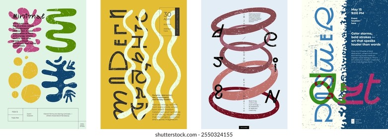 Abstractas carteles audaces. Formas simples y coloridas y tipografía creativa moderna. Las Formas curvas forman fusión, estética minimalista y estilo posmoderno. Anuncio de exposiciones o eventos de arte contemporáneo