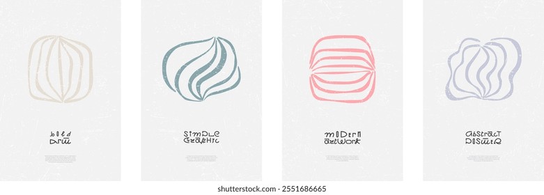 Abstract bold posters. Simple colorful organic shape formed uneven stripes and bold modern lettering. Fusion of brutalism, minimalism and postmodernism. Contemporary art events or interior decor print