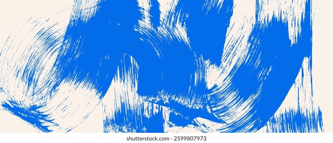 Abstract bold wavy brush stroke background with grunge texture. Hand drawn curly thick line with brush texture. Banner graphic background with blue marker scratch lines. Sketchy futuristic wallpaper.