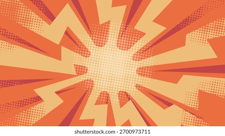 Fondo de arte Pop de cómic naranja de dibujos animados de perno Abstractas con efecto de semitono y explosión. Ilustración vectorial, ideal para el volante con estilo y la promoción de bebidas energéticas.