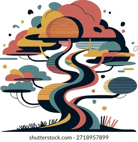 Abstract Bonsai Tree Vector Illustration in Flat Graphic Style. Vintage Modernist Tree Vector with Stripes and Geometric Shapes. Zen Garden Inspired Abstract Tree Vector for Wellness Design.