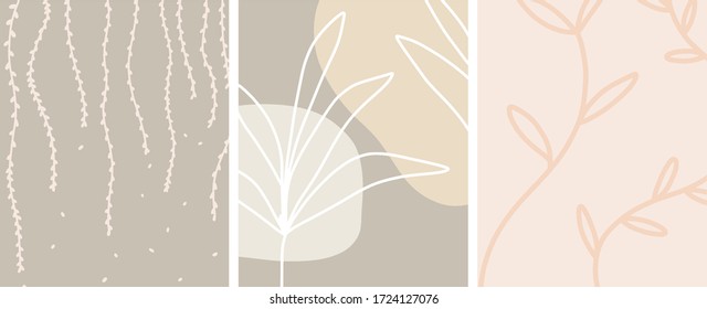 Abstract bontanical art with organic shapes and a neutral color palette, vector set of 3