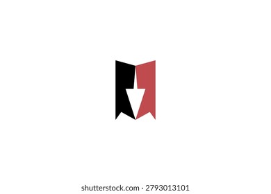 Abstract Book Arrow Logo: Modern Crimson Red and Black Negative Space Letter M Icon for Tech Brand