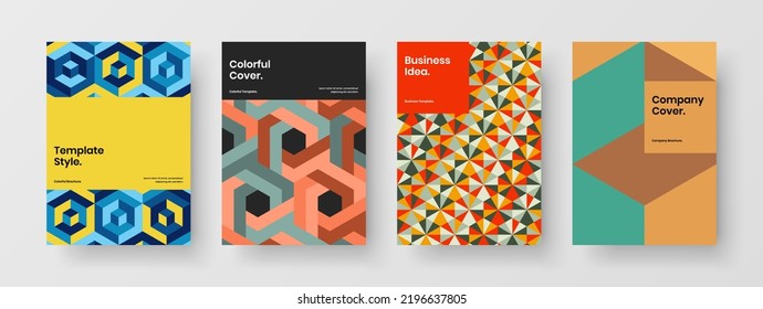 Abstract book cover A4 vector design layout set. Multicolored mosaic hexagons corporate identity concept collection.