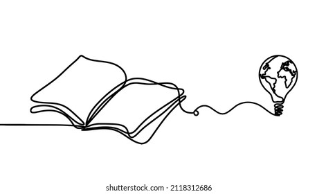 Abstract book with globe light bulb as line drawing on white background. Vector