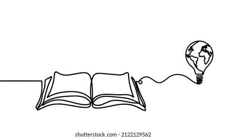 Abstract book with globe light bulb as line drawing on white background. Vector