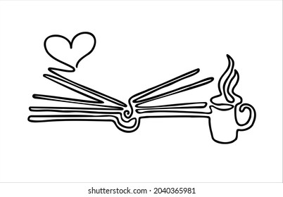 Abstract book with hot mug of tea (coffee), one line drawing. Love for reading and books. Logo. Vector illustration