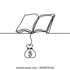 Abstract book, paper with dollars as line drawing on white background. Vector