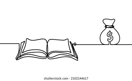 Abstract book, paper with dollars as line drawing on white background. Vector
