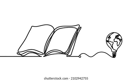 Abstract book, paper with globe lightbulb as line drawing on white background. Vector