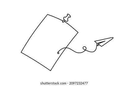 Abstract book, paper with paper plane as line drawing on white background. Vector
