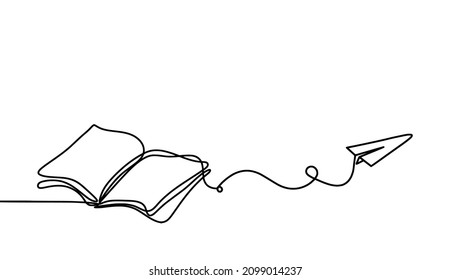 Abstract book, paper with paper plane as line drawing on white background. Vector