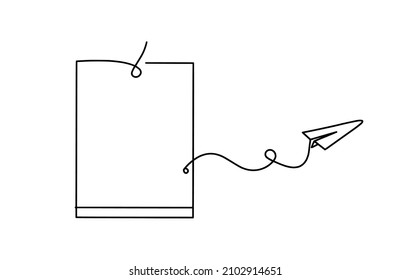 Abstract book, paper with paper plane as line drawing on white background. Vector