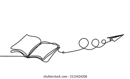 Abstract book with paper plane as line drawing on white background. Vector