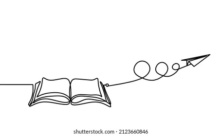 Abstract book with paper plane as line drawing on white background. Vector