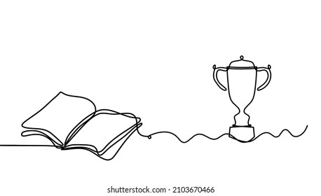 Abstract book with trophy as line drawing on white background. Vector