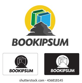 Abstract books behind a rock in the sunrise store logo concept .