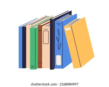 Abstract books spines row. Different academic paper literature for reading, education, studying. Library textbooks standing in hardcovers. Flat vector illustration isolated on white background