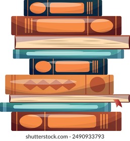 Abstract books stack. Paper literature spines. Closed fiction novels, academic textbooks for reading, studying. Encyclopedias in hardcovers. Flat illustration isolated on white background