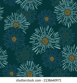 Abstract booming Flowers with hand drawn line seamless pattern vector Illustration ,Design for fashion , fabric, textile, wallpaper, cover, web , wrapping and all prints on dark green