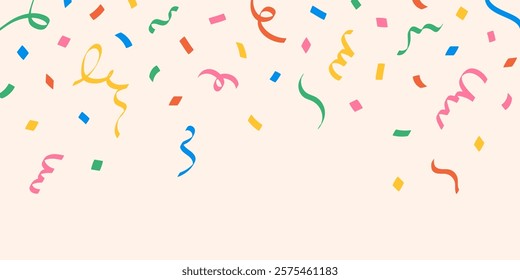 Сute abstract border, background of colorful falling top down confetti of multicolored lines, ribbons, squiggles on light background, hand drawn illustration, flat style, copy space