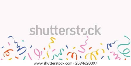 Abstract border, background of colorful falling top down confetti of multicolored curved lines, long ribbons, serpentine on light background, simple hand drawn illustration, flat style, copy space