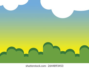 An abstract border and background of trees and clouds on top of a bright sunny sky.