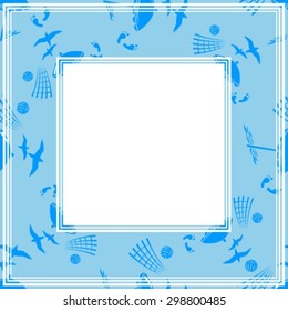 Abstract border with beach symbols on a blue background.