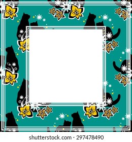 Abstract border with black cat silhouettes and flowers.