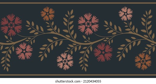 Abstract border flower motif on dark background. Floral and branches border repeat pattern.