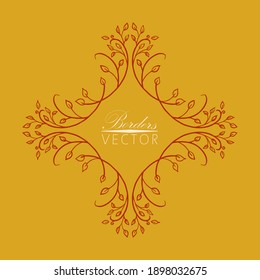 Abstract border or frame in hand drawn vector illustration on gold fortuna color background, elegant symmetrical leaves in floral pattern in fancy red vine or ivy design, luxury sketch