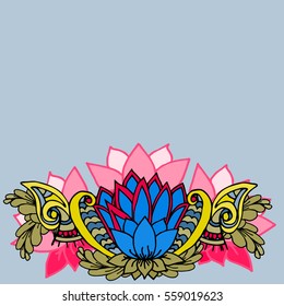 Abstract  border of leaves and flowers on a blue background