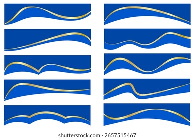 Abstract border shapes for banner design. Vector header with golden sections on white background. Website page templates. Top and separator modern elements. Simple blue wavy horizontal menu for site.