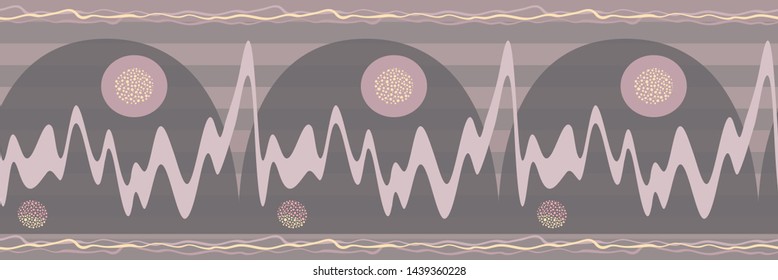 Abstract border sunrise landscape with mountains and waves in soft pink, brown and yellow hues. Seamless vector pattern on striped background. Great for products, stationery, home decor