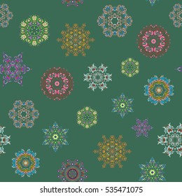 Abstract border. Vector Christmas snowflakes with doodles and dots on green background. Winter boarder. Vector pattern, seamless, Christmas background.