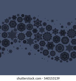 Abstract border. Vector Christmas snowflakes with doodles and dots on blue background. Winter boarder. Vector pattern, seamless, Christmas background.