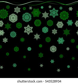 Abstract border. Winter boarder. Vector pattern, seamless, Christmas background. Vector Christmas snowflakes with doodles and dots on black background.