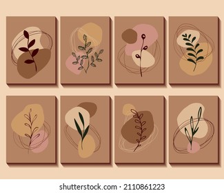 Abstract botanic decorative posters for wall art. Simple linear leafage in flat minimalism style. Cozy aesthetics vector illustration with elements of nature and elegance.
