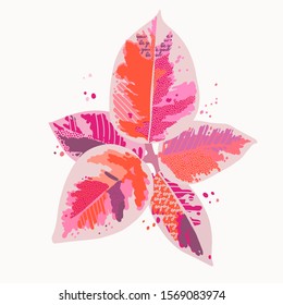 Abstract botanic illustration of pink and orange tropical leaves with "Be you" and "Enjoy" lettering