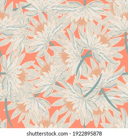 Abstract botanic seamless pattern with blossom chrysanthemum flowers ornament. Vector illustration for seasonal textile prints, fabric, banners, backdrops and wallpapers.